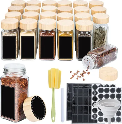 Obrázok produktu pre JOIEYOU sada nádob na korenie pre domácnosť 24 kusov koreničiek s dreveným viečkom 120 ml nádoba na korenie so skladacím lievikom, nálepkami, čistiacou kefkou a fixkou nádoby na korenie a bylinky