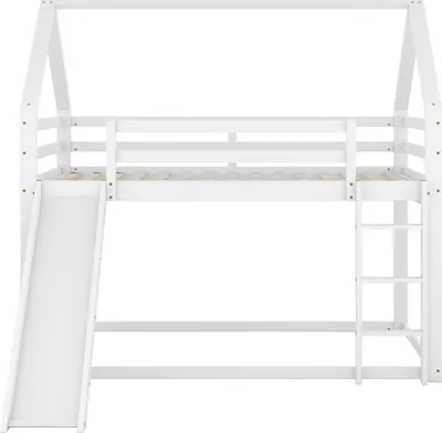 A white wooden house-shaped bunk bed with a slide and ladder, shown against a white background.