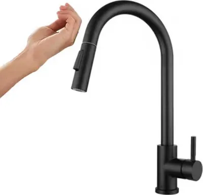 A hand is shown near a black kitchen faucet, demonstrating its touch function.