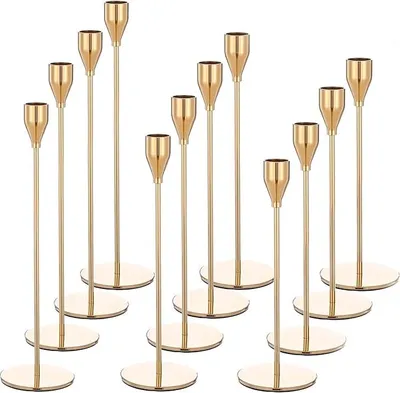 Produktbild von Set mit 12 Kerzenhaltern, Französisches Gold farbene Kerzenständer, passend für 3/4 Zoll Dicke Kerzen, hoher Kerzenständer aus Metall für Hochzeit, Heimdekoration, Candle-Light-Dinner