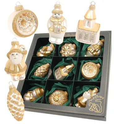 Produktbild von Krebs Glas Lauscha Glasanhänger - verschiedene Formen & Figuren, 9er Set - Gold, Christbaumschmuck