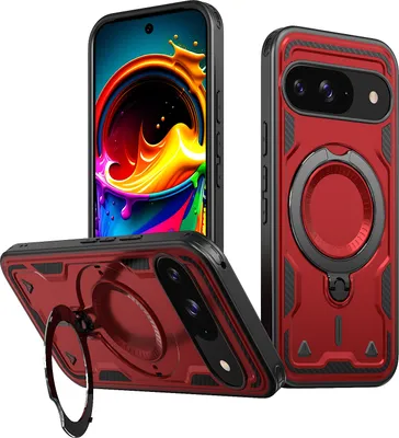 Produktbild von Dual Layer Hülle für Google Pixel 9 / 9 Pro Metall Ring Ständer Magnetisch Stoßfest Militär Handyhülle Rot