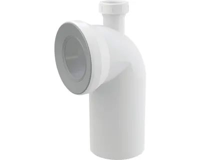 A white plumbing pipe fitting with a 90-degree bend and two connection points, isolated on a white background.