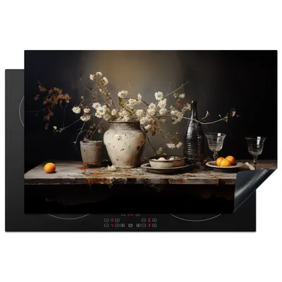 Produktbild von KitchenYeah© Herdabdeckplatte Stilleben - Blumen - Blumenstrauß - Vase - Wein , 81x52cm, Küche Deko, Glaskeramikkochfeld Herdabdeckung, Abdeckplatte fùr Kochfeld