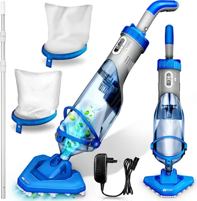 Produktbild von tillvex Poolsauger Blau/Grau mit Akku & Teleskopstange + Ersatzfilter bis zu 15 m³ | Pool Bodensauger elektrisch | Poolreiniger mit Filter & 60 min Laufzeit | Handsauger Reinigungsset kabellos