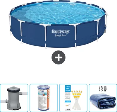 Produktbild von Bestway Round Steel Pro Swimmingpool – 396 x 84 cm – Blau – inklusive Pumpe Filter - Teststreifen - Sonnensegel