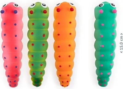 Four colorful caterpillar toys lined up against a white background.