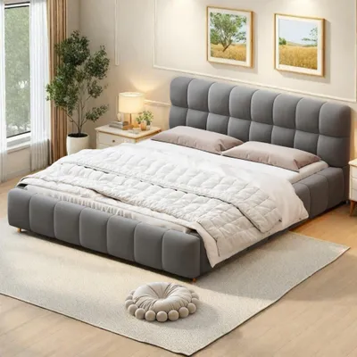Produktbild von INONEFT Doppelbett 160x200 Bubble Bett mit Lattenrost & gepolsterte Kopfteil, Grau Leinen Polsterbett Flachbett Bettgestell, ohne Matratze