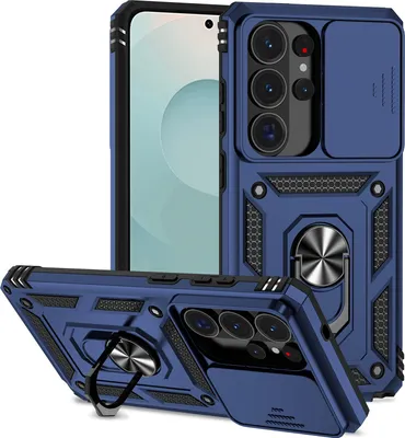 Immagine prodotto di Custodia per Samsung Galaxy S26 Ultra custodia a doppio strato con copertura scorrevole per fotocamera e supporto ad anello blu