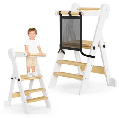 Image de Tour d'apprentissage en bois naturel, pliable, avec 2 niveaux, réglable en hauteur, avec filet, pour les enfants jusqu'à 6 ans
