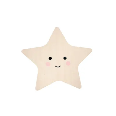 A cute, cartoon-like star with a face is shown against a white background.
