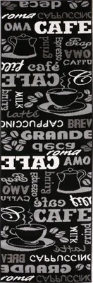 A collage of coffee-related words and imagery, including coffee cups, teapots, and coffee beans, arranged in a vertical pattern.