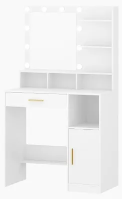 Imagen del producto de Tocador con espejo – Mesa de maquillaje – 10 luces LED – 3 estantes – 4 compartimentos abiertos – Cajón grande – Armario – Blanco