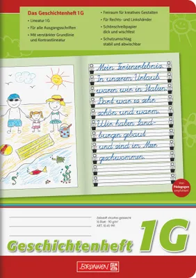 A children's story notebook with a drawing on the left page and handwritten text on the right page.