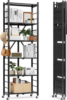 Zdjęcie produktu dla 6-poziomowa składana półka Składana półka do dużych obciążeń - Składana i czarna - Wymiary 30x61x183 cm - Oszczędność miejsca i wytrzymałość