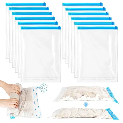 Produktbild von Vakuumbeutel für Kleidung 12 Stück Reise Set 35x50cm Wiederverwendbar Kompressionsbeutel ohne Staubsauger Transparent
