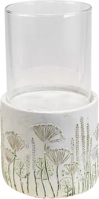 Produktbild von Glas Windlicht mit floralem Betonsockel - Kerzenständer Ø17cm H32cm für Tischdeko & Atmosphäre