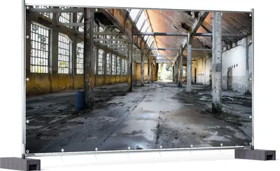 Produktbild von Wallario XXL Outdoor-Poster für Garten oder Balkon, Motiv Alte Industriehalle  leerstehend und einsam, in ca. 340 x 173 cm