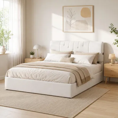 Image de Lit coffre 140x200 cm beige avec ports USB, sommier à lattes et rangement