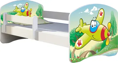 Produktbild von ACMA Jugendbett Kinderbett Junior-Bett Komplett-Set mit Matratze Lattenrost und Rausfallschutz Weiß 29 Flugzeug 160x80