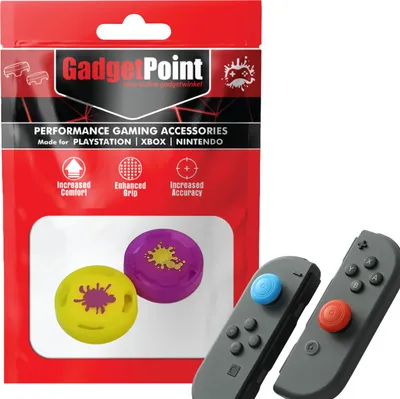 Produktbild von Thumbgrips - Thumb Grips voor Nintendo Switch Joy-Con Controllers - Gaming Thumbgrips - Performance Anti-Slip Thumbsticks - Bescherming Accessoires - Splash - Geel/Paars -