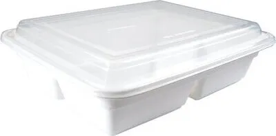 Produktbild von 50x Menüboxen aus PP wiederverwendbar mit Deckel 3-geteilt weiß 23x18x6.5cm