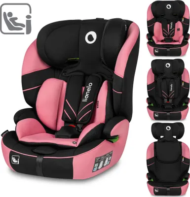 A pink and black car seat is shown from the front and side, with smaller images of the car seat in different configurations on the right.