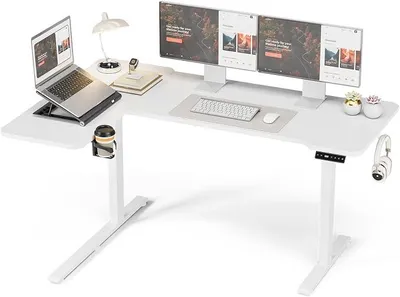 Imagen del producto de Escritorio de esquina, escritorio con altura ajustable, forma en L, 150 x 100 cm. Escritorio eléctrico con altura ajustable, diseño ergonómico en forma de L, con portavasos y ganchos. Escritorio de oficina estable, color blanco
