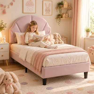 Image de Lit bébé INONEFT 90x190 cm, lit simple rembourré avec sommier à lattes, lit pour adolescents rembourré avec repose-tête réglable pour chambre d'enfant (rose)
