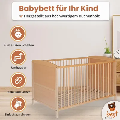 Produktbild von Best For Kids Gitterbett Natur 2 in 1 Patrick 70x140 cm Juniorbett Kinderbett Babybett mit Matratze