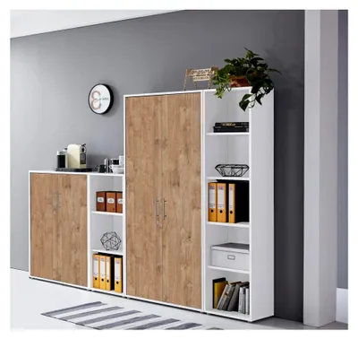 Produktbild von Schrankwand Office Edition abschließbarer Aktenschrank Büroschrank Büromöbel Regal in Weiß/Gold Harbor Oak (Set 4)