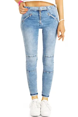 Produktbild von BE STYLED Skinny Damen Röhrenjeans mit Gürtel enge Slim Stretch Fit in Vintage Used Hellblau, 40 / L