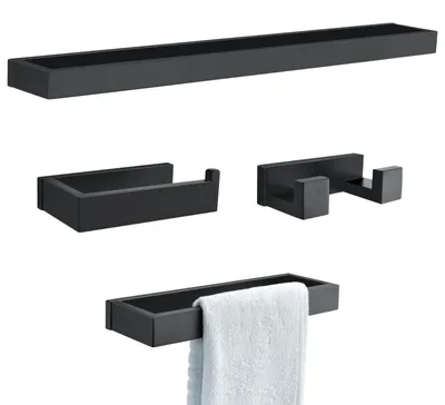Handtuchstangen-Set, 4-teilig, mattschwarz, Edelstahl, Wandmontage