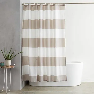 Obrázok produktu pre Bežová pruhovaná sprchová vanička 180 x 180 cm, vodotesná, odolná proti plesniam, vhodná na pranie v práčke