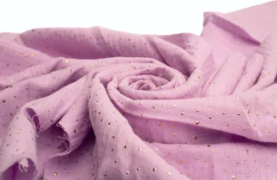 Zdjęcie produktu dla Bawełniana tkanina muślinowa w złote kropki, podwójna gaza, orchidea 50 x 130 cm