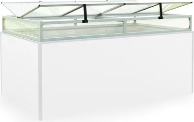 A raised garden bed with a clear lid, designed for growing plants.