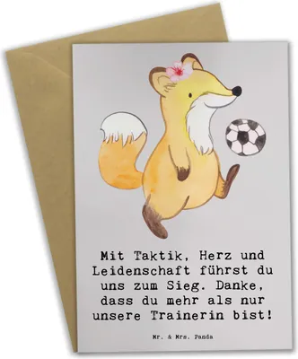 Produktbild von Mr. & Mrs. Panda Grußkarte Fussball Trainerin - Grau Pastell - Geschenk, Leidenschaft, Coaching, Grußkarten, Danksagung, Energie, osterkarte, einladungskarten, Sportart
