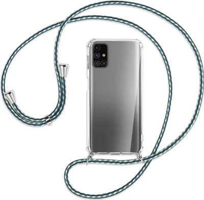 Produktbild von Handykette Backcover-Schutzhülle mit Band (Metall silberfarben) für Samsung Galaxy M31s - grün/blau/weiß