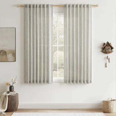 Image de Rideaux semi-transparents, aspect lin, lot de 2, dimensions : 145 cm de hauteur x 140 cm de largeur, pour salon ou chambre