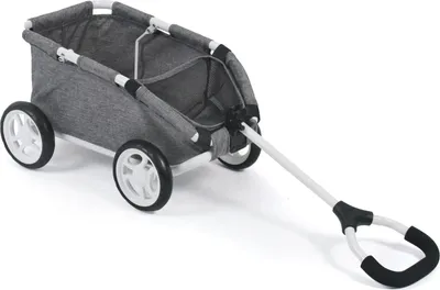 A gray fabric wagon with white wheels and a white handle with black grips, shown on a white background.