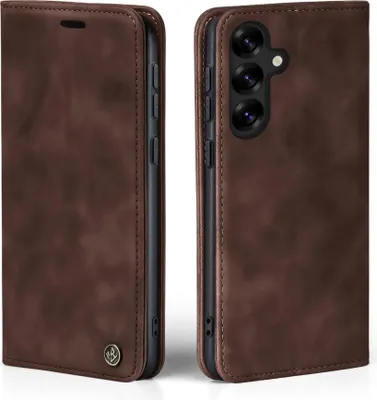 Two views of a brown flip phone case.