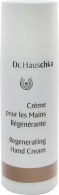 A product shot of a white tube of Dr. Hauschka Regenerating Hand Cream with a brown band near the bottom.
