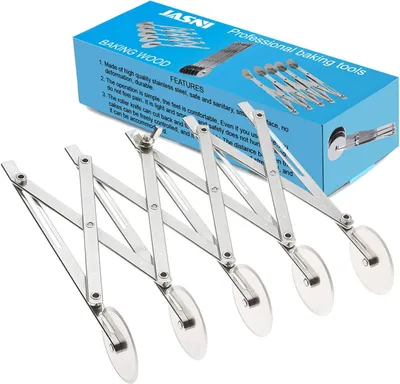 Produktbild von Pizzaschneider aus Edelstahl mit mehreren Rädern, Teigschneider und Kuchenmesser