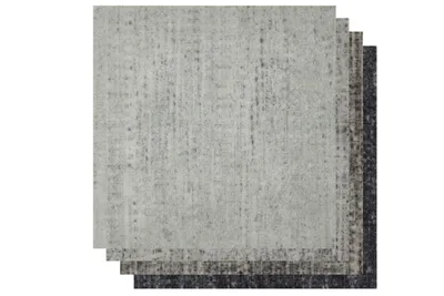 Selbstklebende Teppichfliesen. Farben: Anthrazit, Hellgrau, Grau, Beige-Grau.