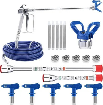 Produktbild von Airless Farbpistolen-Set, mit Hochdruckschlauch 15 m, Airless Lackierpistole, Verlängerungsstange, Sprühdüse und 60 Mesh-Filterelementen
