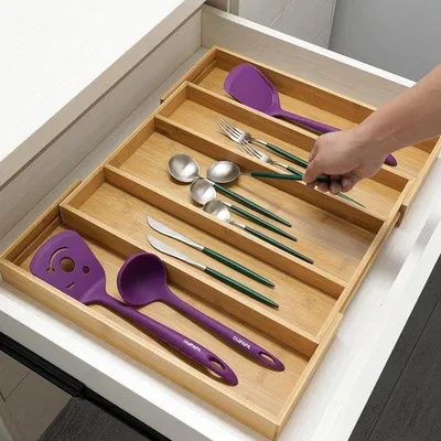 Image de Boîte à couverts extensible pour la cuisine, tiroir, couteaux, bois, range-couverts