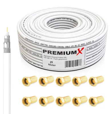 Produktbild von PremiumX 25m BASIC Koaxialkabel 135dB 4-fach SAT Koax Kabel 10x F-Stecker