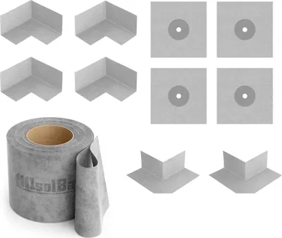 Produktbild von Isolbau 202G Bandset - Dicht-Set für den Innen und außen bereich inkl. 20 m Dichtband, 4x Innenecken, 2x Außenecken & 4x Wandmanschetten, Abdichtung Dusche Bad Küche Wand Wasserdicht