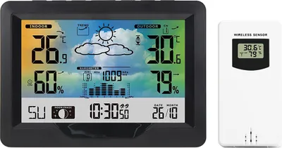 Produktbild von Elektronischer Wecker, Wetteruhr mit Temperatur und Luftfeuchtigkeits,Wettervorhersage mit Regenmesser und Windgeschwindigkeit