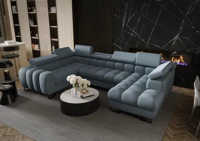 Productafbeelding van Zitmeubel met slaapbank BASTIEN, bekleed met stof in terra-turquoise kleur, met een hocker aan de rechterkant